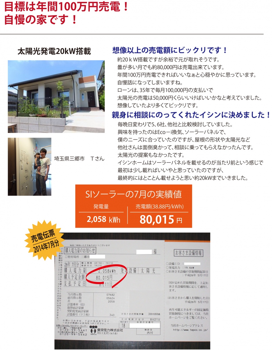 埼玉県三郷市Ｔ様邸イシンホームSIソーラー20kW搭載2014年7月の売電実例