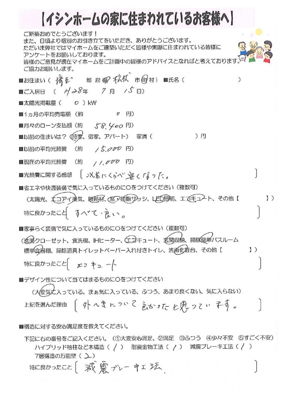 【北葛飾郡松伏町】S様邸新築工事お住まい心地大満足アンケート 松井産業株式会社