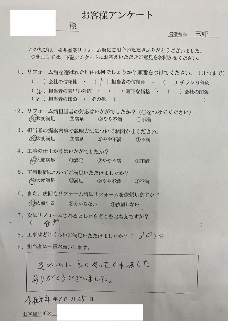 吉川市H様邸ユニットバス交換&洗面台交換工事後のアンケート