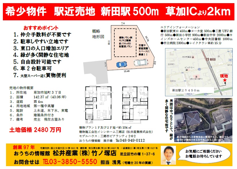 売土地 草加市旭町3丁目 新田駅より徒歩7分 2480万 43.06坪