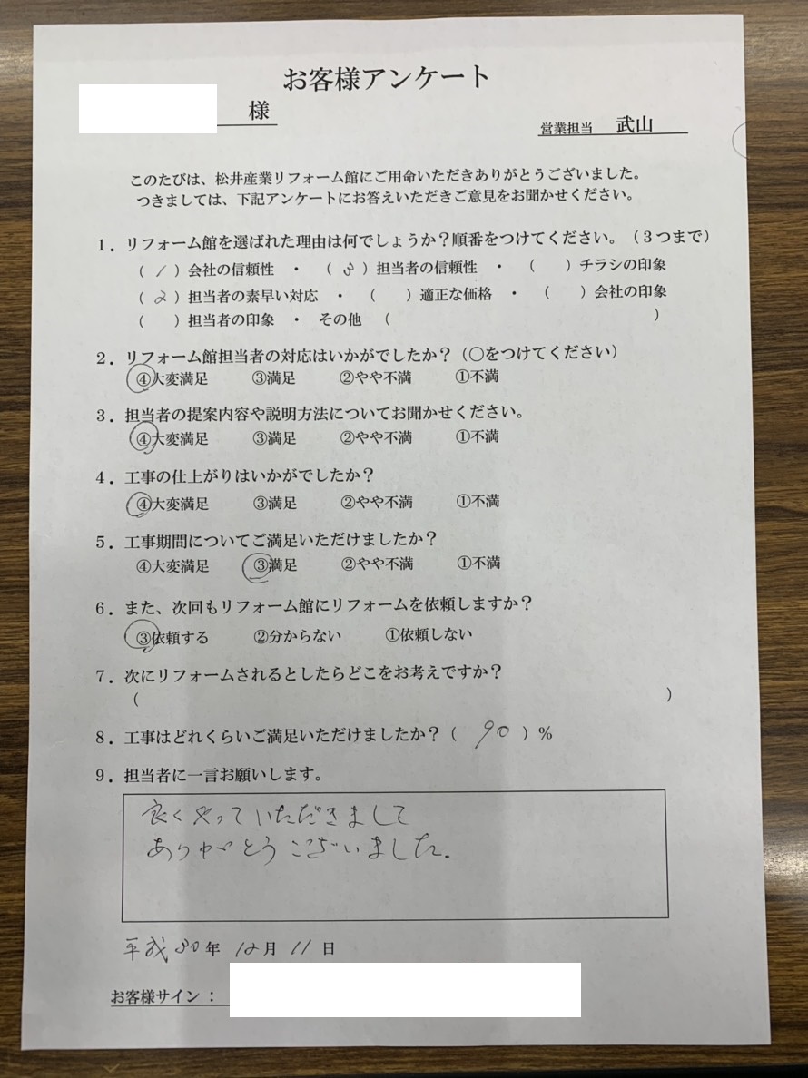 【流山市Y様】お客様アンケートをいただきましたのでご報告させていただきます。