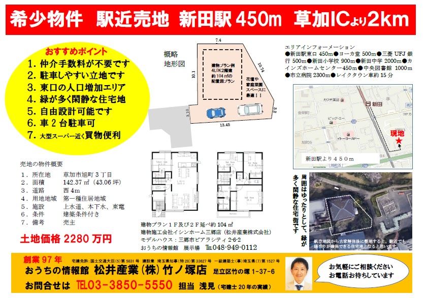 【成約御礼】売土地 草加市旭町3丁目 2280万円 43.06坪