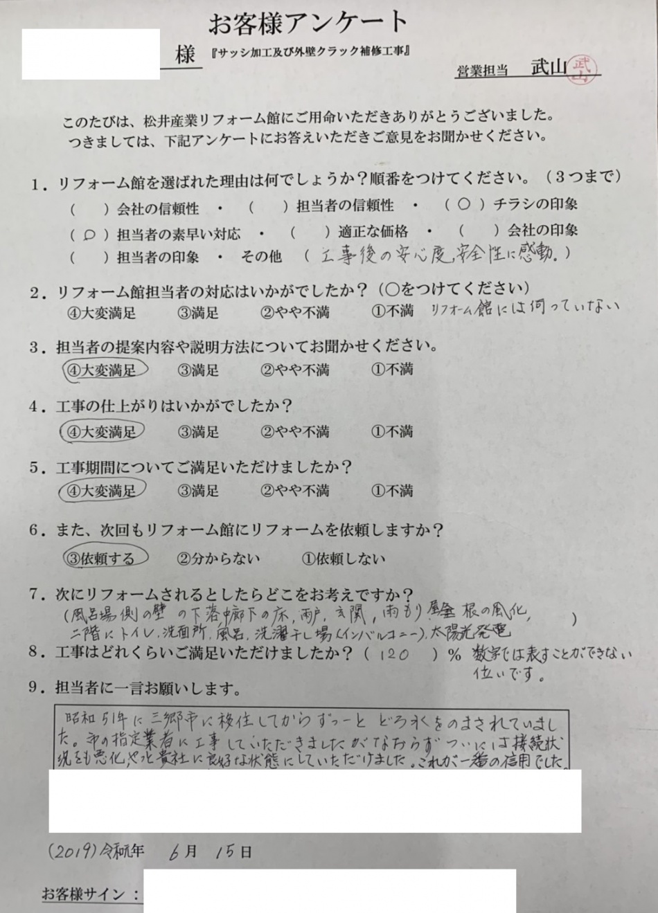 【三郷市K様】サッシ加工および外壁クラック補修工事完了後のアンケートです。